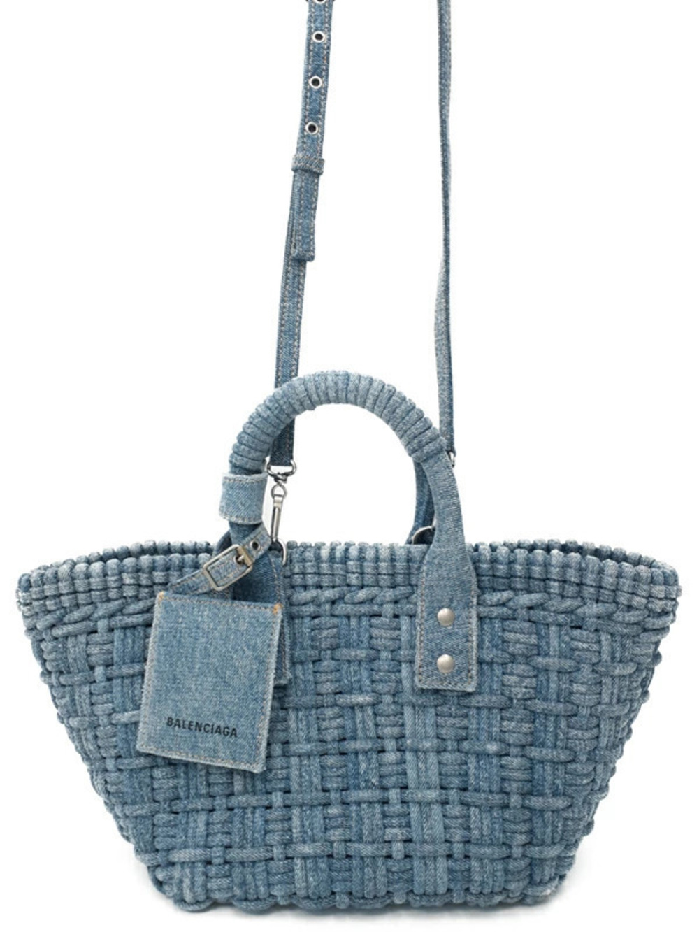 Balenciaga Washed Frayed Denim Braided Bistro Basket interwoven denim Blue